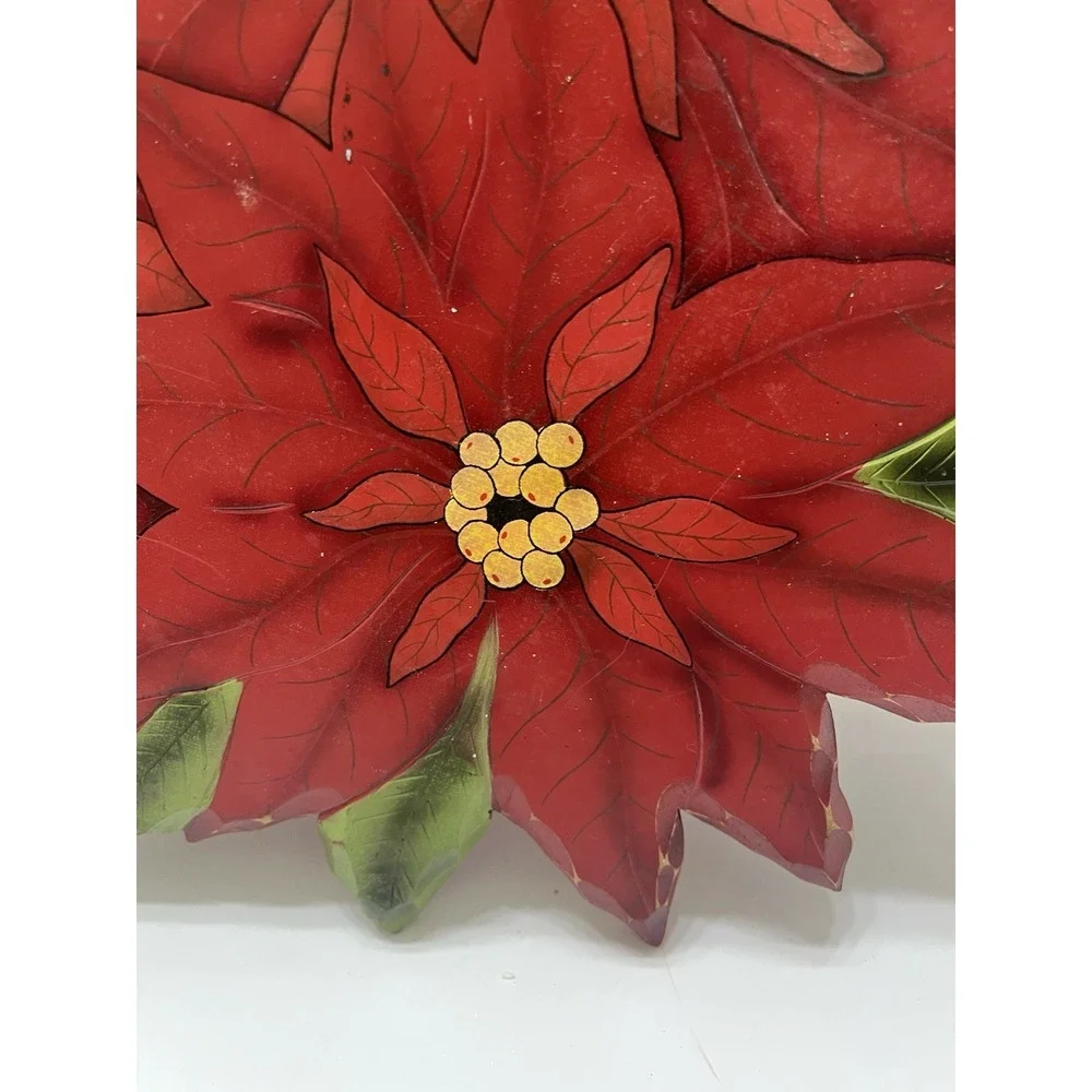 Christmas Collections Etc. Lazy Susan Wood Carved Hand Painted Poinsettia 14